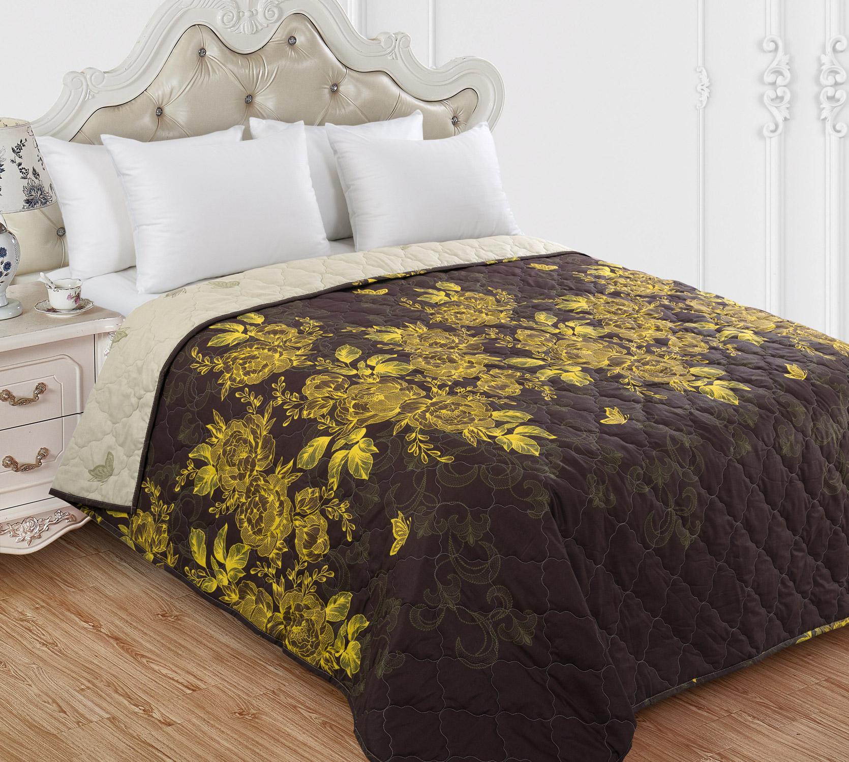 Постельное белье Стеганое покрывало на кровать «Золотая нить 1», перкаль (220х210) фото