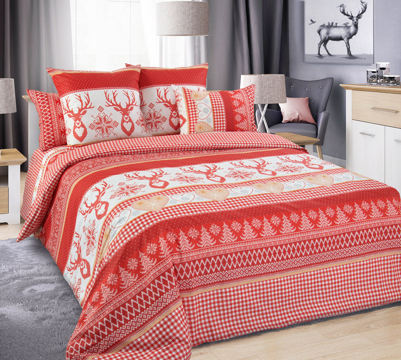 Красное постельное белье с оленями Лапландия 1, перкаль / бязь, 2-спальное с евро простыней фото