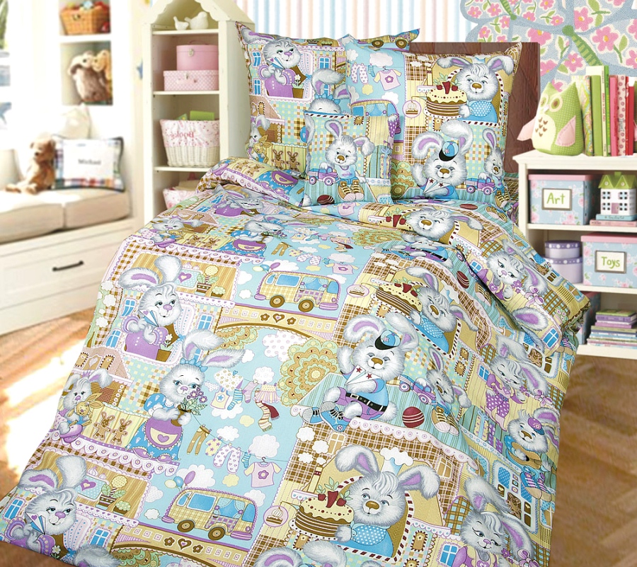Детское постельное белье в кроватку 120х60 Зайкин город 1, поплин, Ясельный фото