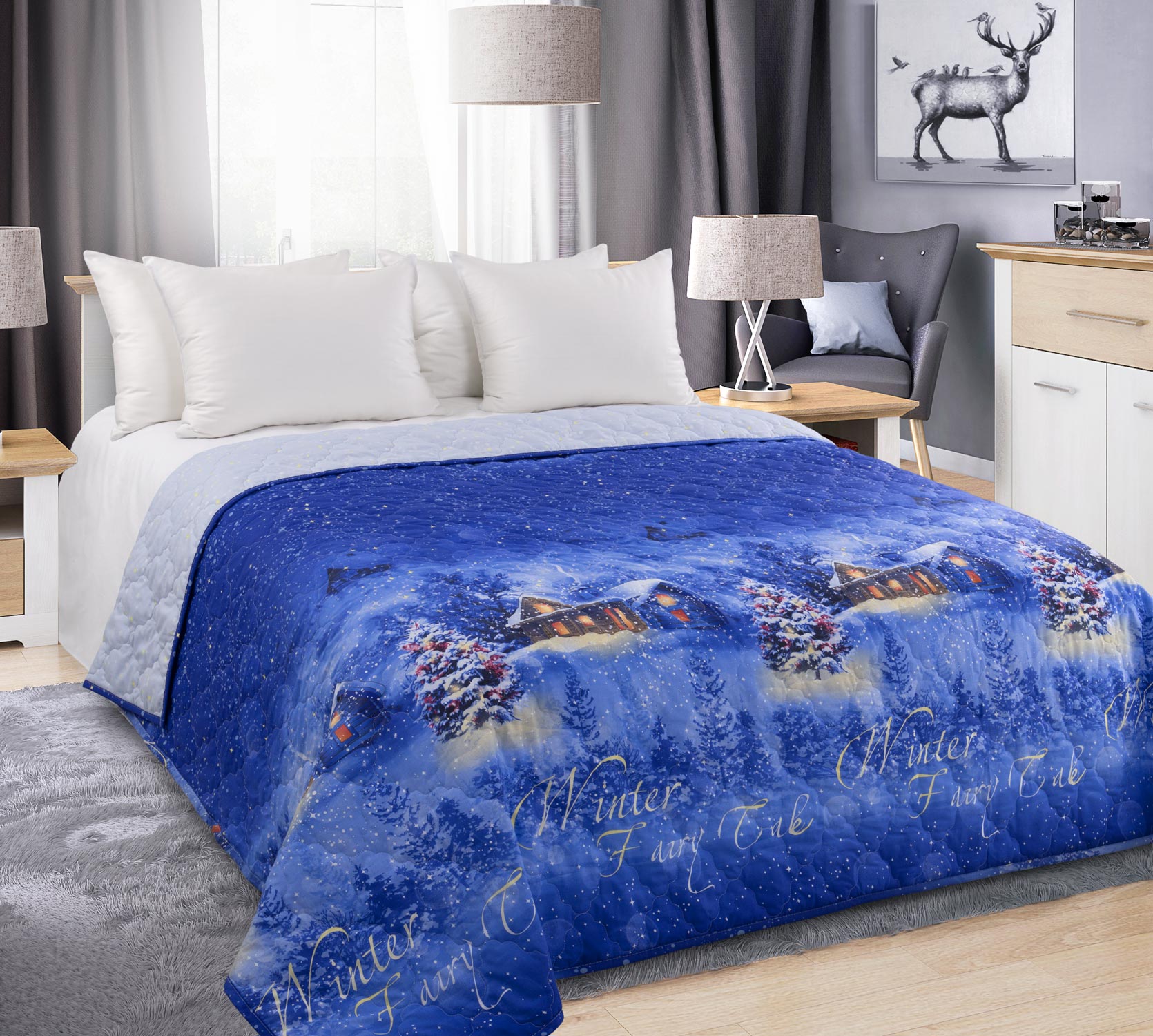 Постельное белье Стеганое покрывало на кровать «Сказка о зиме 1», перкаль (160х210) фото