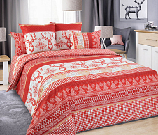Красное постельное белье с оленями Лапландия 1, перкаль / бязь, 2-спальное с евро простыней, наволочки 70х70 фото