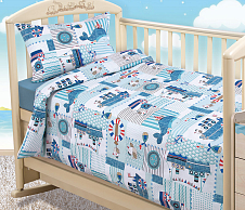 Детское постельное белье в кроватку 120х60 с простыней на резинке 60x120 Кораблики, бязь, Ясельный, наволочка 40х60 фото